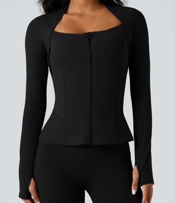 Halara UltraSculpt™ Push-Up Long Sleeve Thumb Hole Zipper Ruffle Hem Yoga Curvy Jacket