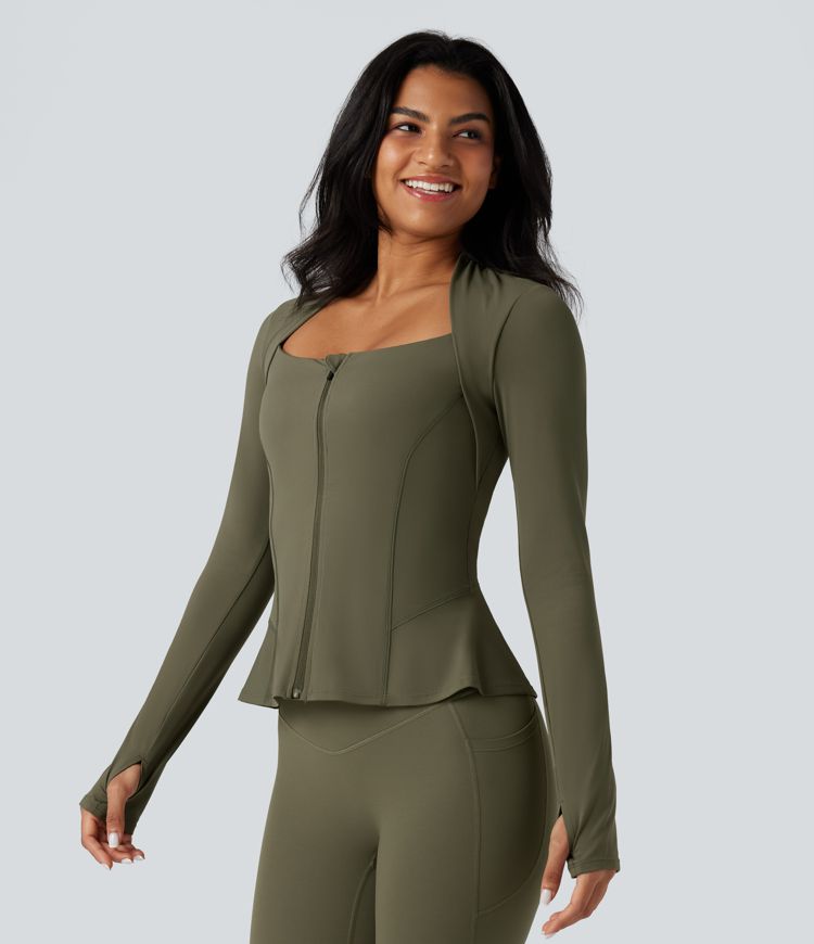 Halara UltraSculpt™ Push-Up Long Sleeve Thumb Hole Zipper Ruffle Hem Yoga Jacket