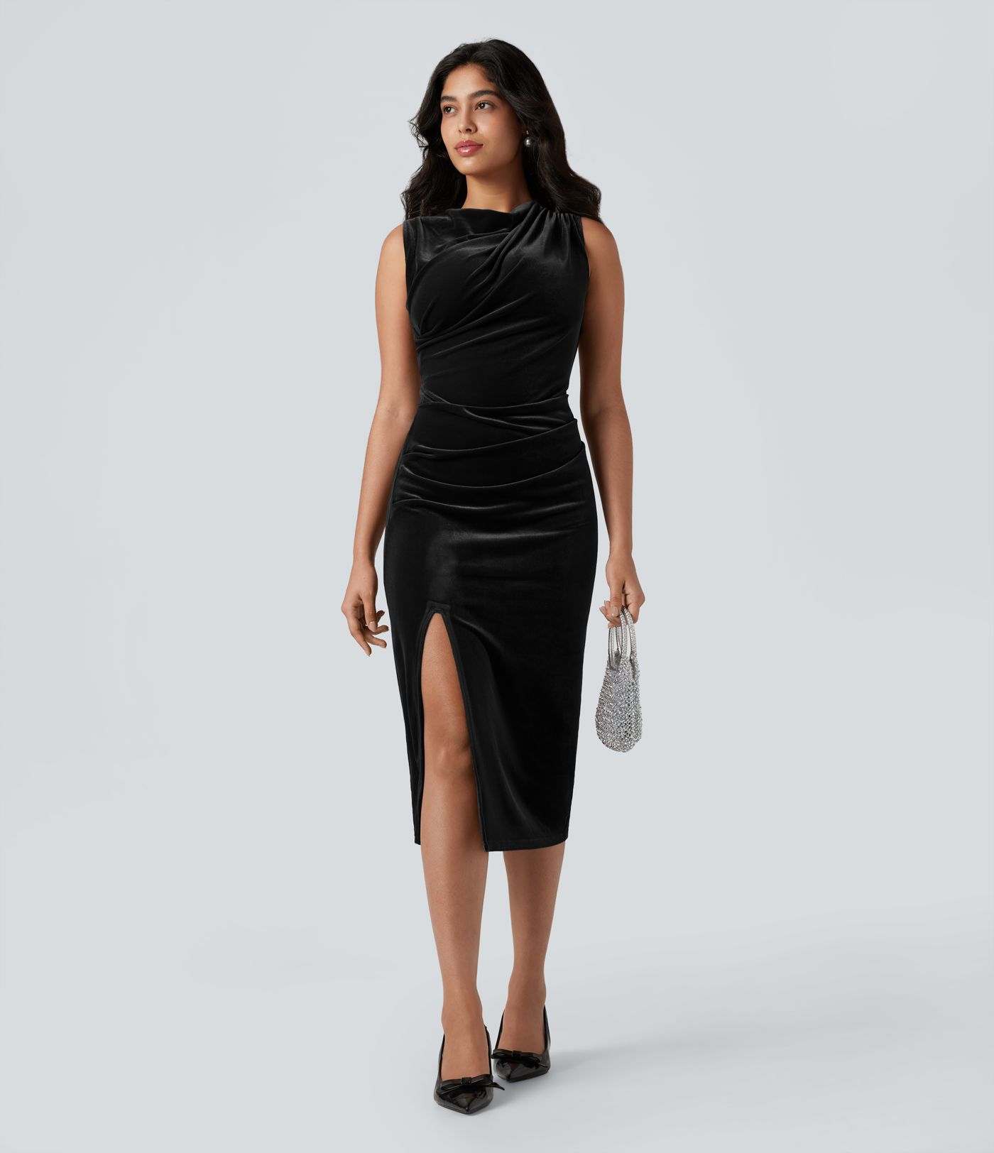 Cowl Neck Sleeveless Split Ruched Bodycon Midi Velvet Dress