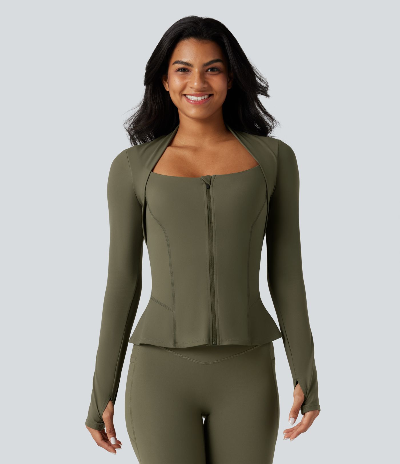 Halara UltraSculpt™ Push-Up Long Sleeve Thumb Hole Zipper Ruffle Hem Yoga Curvy Jacket Halara UltraSculpt™ Push-Up Long Sleeve Thumb Hole Zipper Ruffle Hem Yoga Curvy Jacket