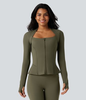 Halara UltraSculpt™ Push-Up Long Sleeve Thumb Hole Zipper Ruffle Hem Yoga Curvy Jacket Halara UltraSculpt™ Push-Up Long Sleeve Thumb Hole Zipper Ruffle Hem Yoga Curvy Jacket