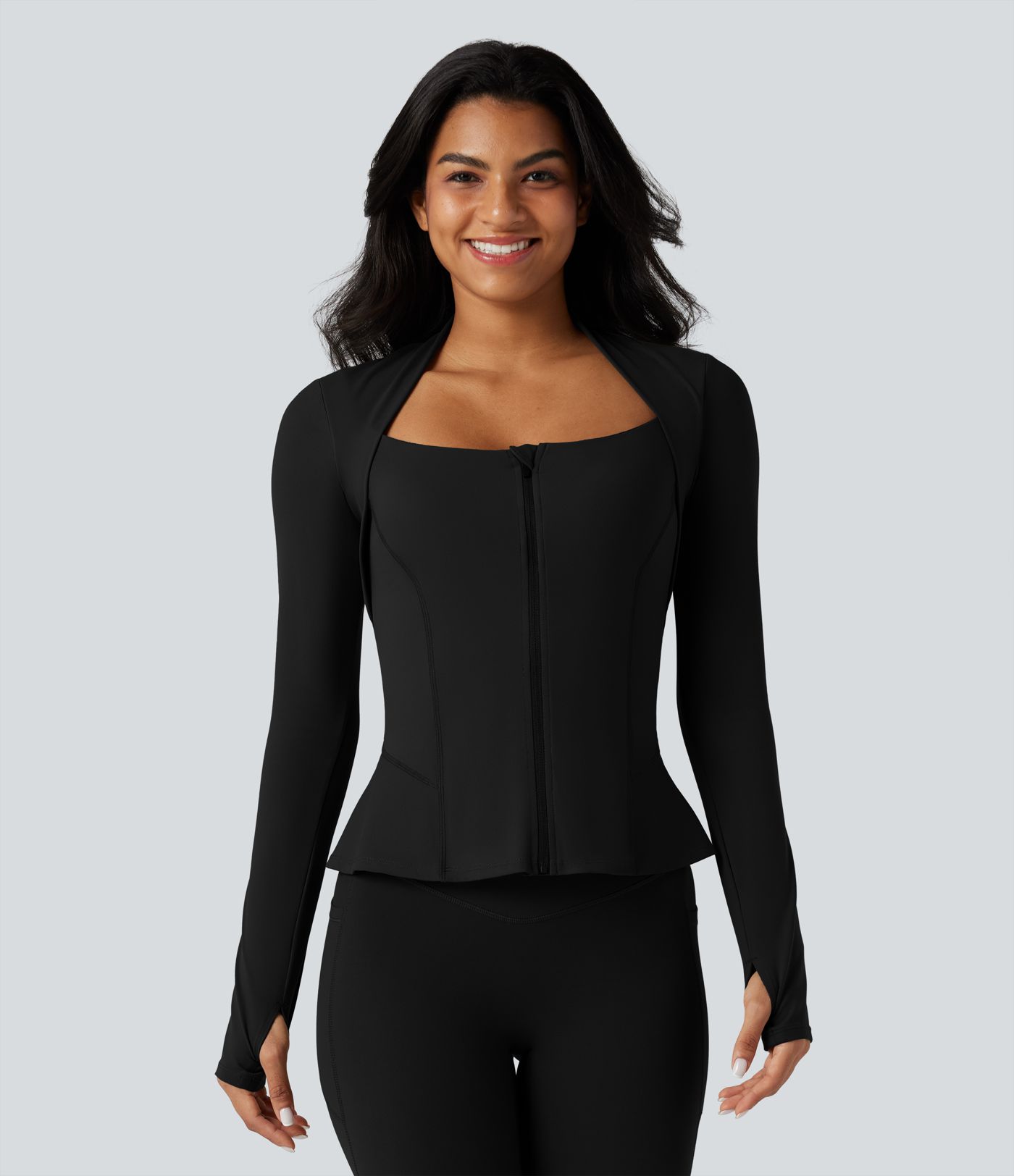 Halara UltraSculpt™ Push-Up Long Sleeve Thumb Hole Zipper Ruffle Hem Yoga Curvy Jacket