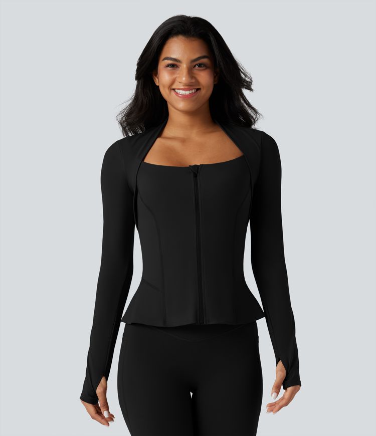 Halara UltraSculpt™ Push-Up Long Sleeve Thumb Hole Zipper Ruffle Hem Yoga Curvy Jacket