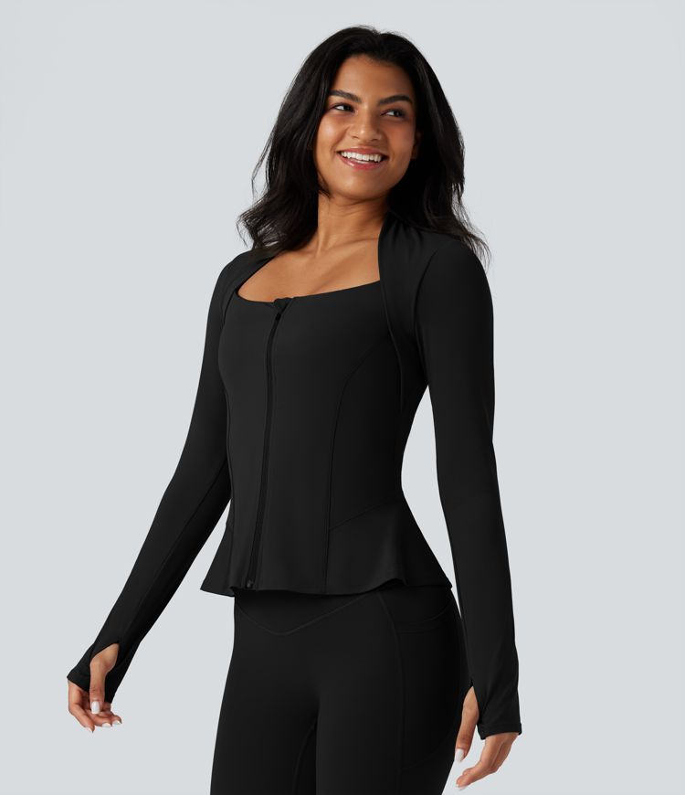 Halara UltraSculpt™ Push-Up Long Sleeve Thumb Hole Zipper Ruffle Hem Yoga Curvy Jacket