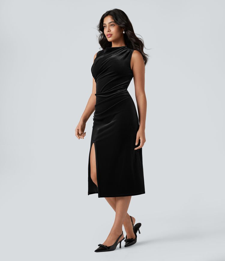 Cowl Neck Sleeveless Split Ruched Bodycon Midi Velvet Dress