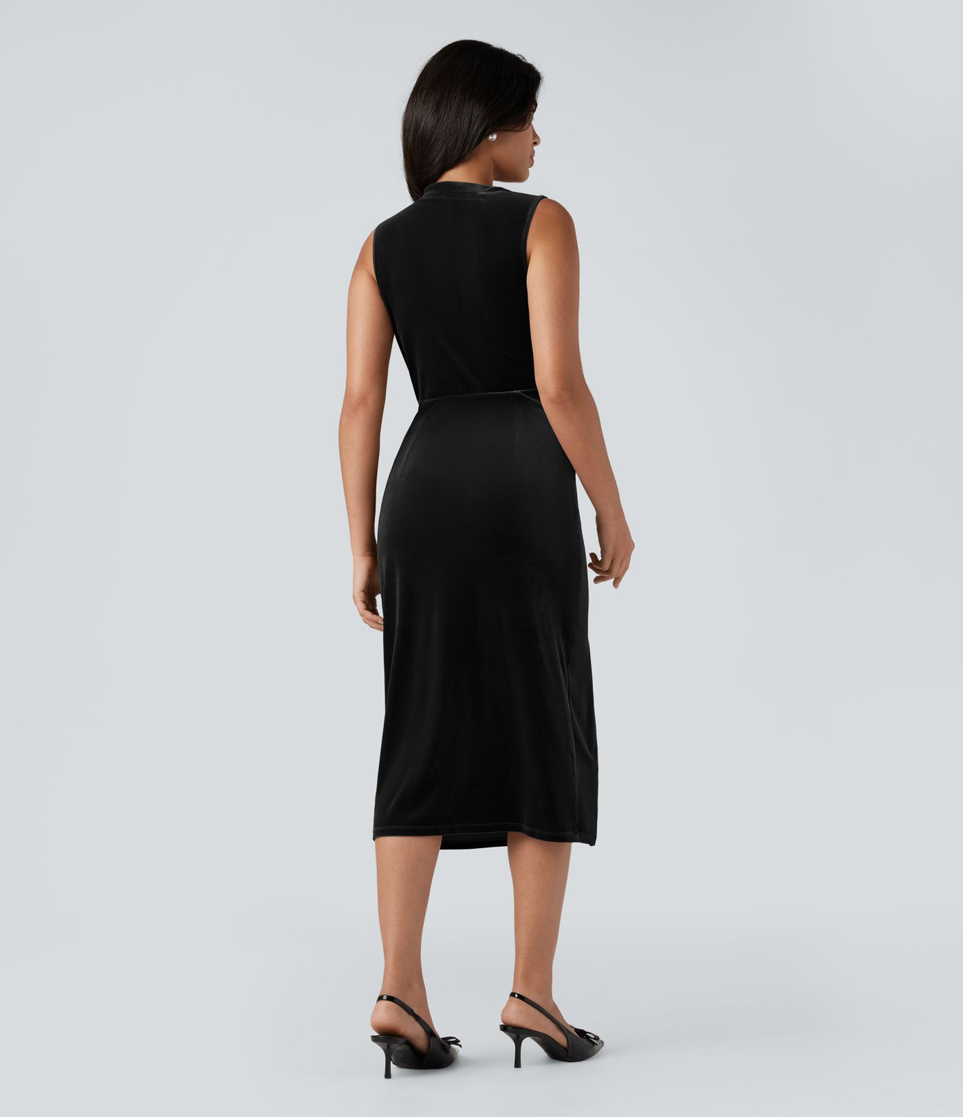Cowl Neck Sleeveless Split Ruched Bodycon Midi Velvet Dress