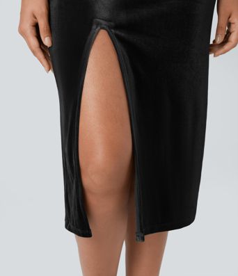 Cowl Neck Sleeveless Split Ruched Bodycon Midi Velvet Dress