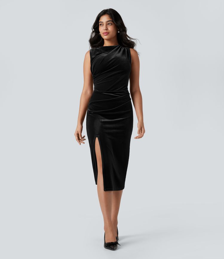 Cowl Neck Sleeveless Split Ruched Bodycon Midi Velvet Dress