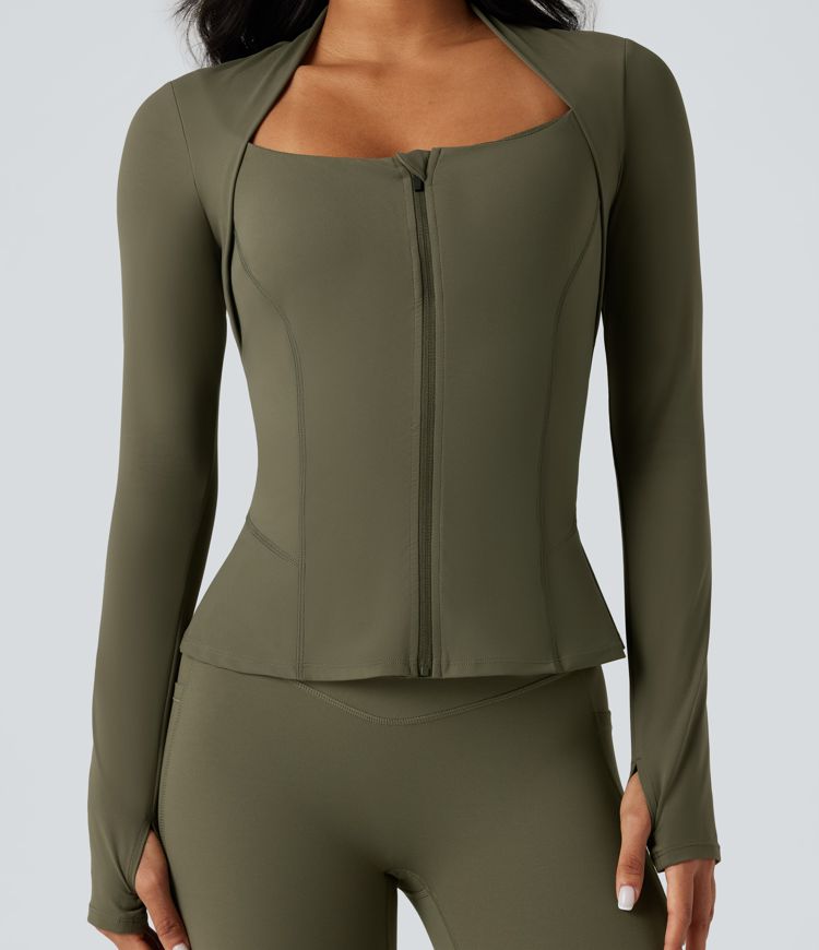 Halara UltraSculpt™ Push-Up Long Sleeve Thumb Hole Zipper Ruffle Hem Yoga Jacket