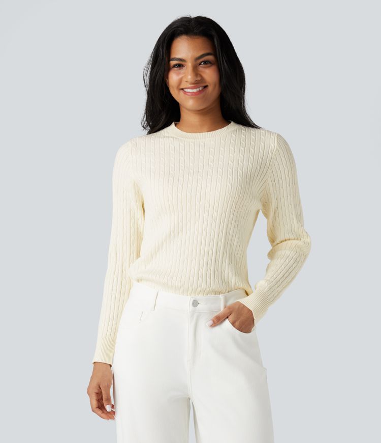 Round Neck Long Sleeve Cable Knit Casual Sweater