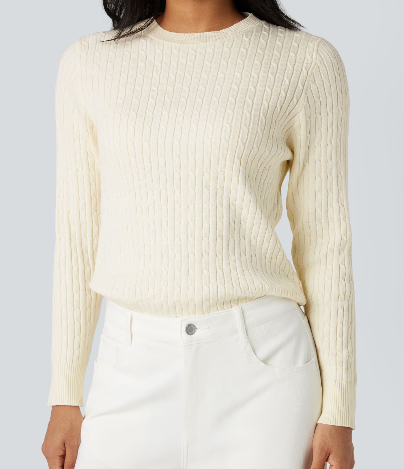 Round Neck Long Sleeve Cable Knit Casual Jumper