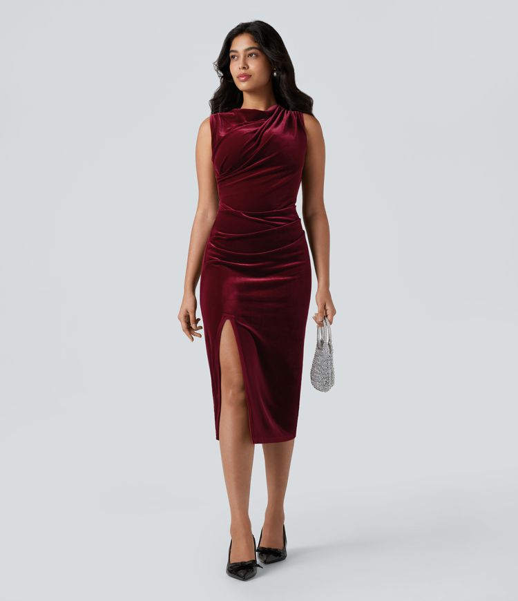 Cowl Neck Sleeveless Split Ruched Bodycon Midi Velvet Dress