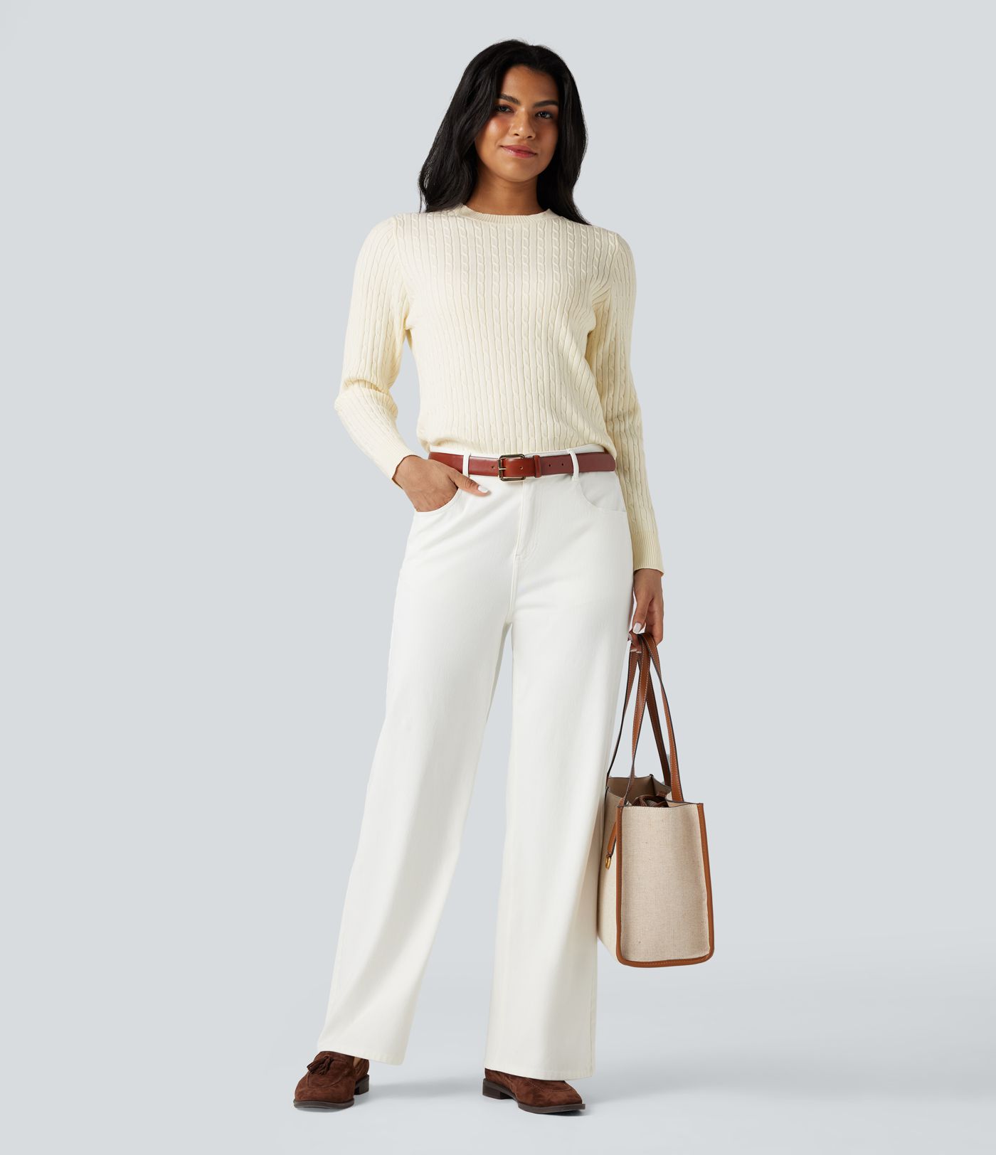 Round Neck Long Sleeve Cable Knit Casual Jumper