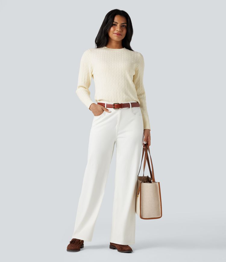 Round Neck Long Sleeve Cable Knit Casual Jumper