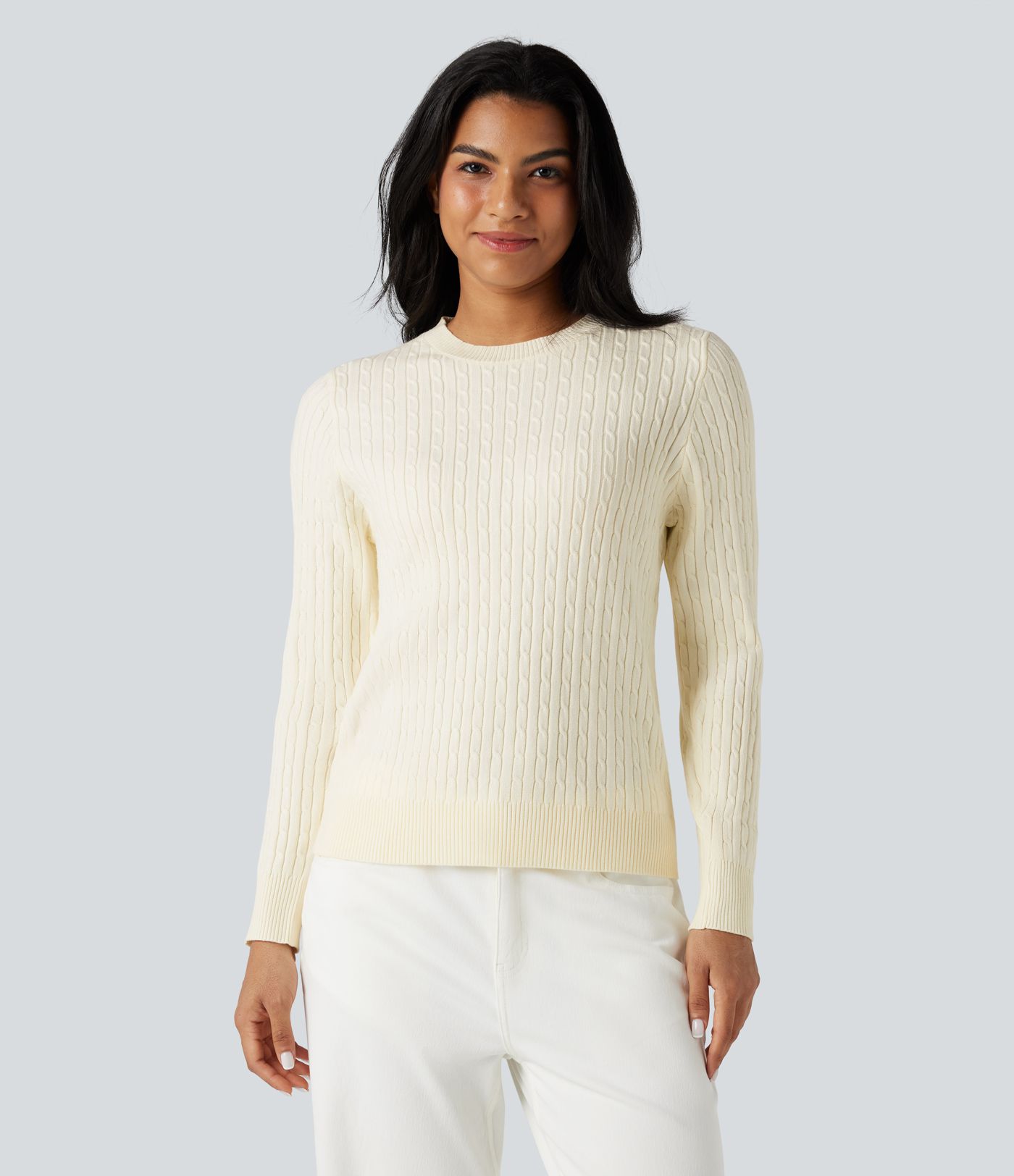 Round Neck Long Sleeve Cable Knit Casual Jumper