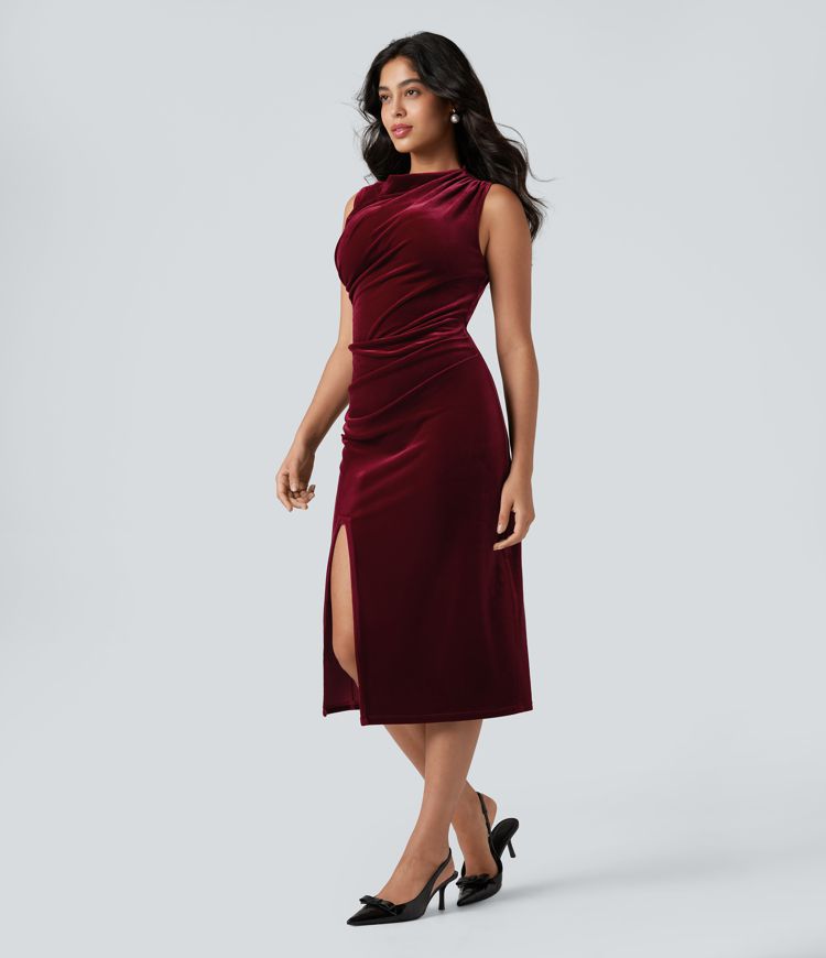 Cowl Neck Sleeveless Split Ruched Bodycon Midi Velvet Dress