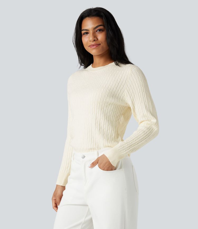 Round Neck Long Sleeve Cable Knit Casual Jumper