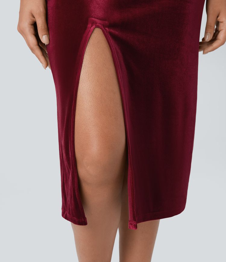 Cowl Neck Sleeveless Split Ruched Bodycon Midi Velvet Dress