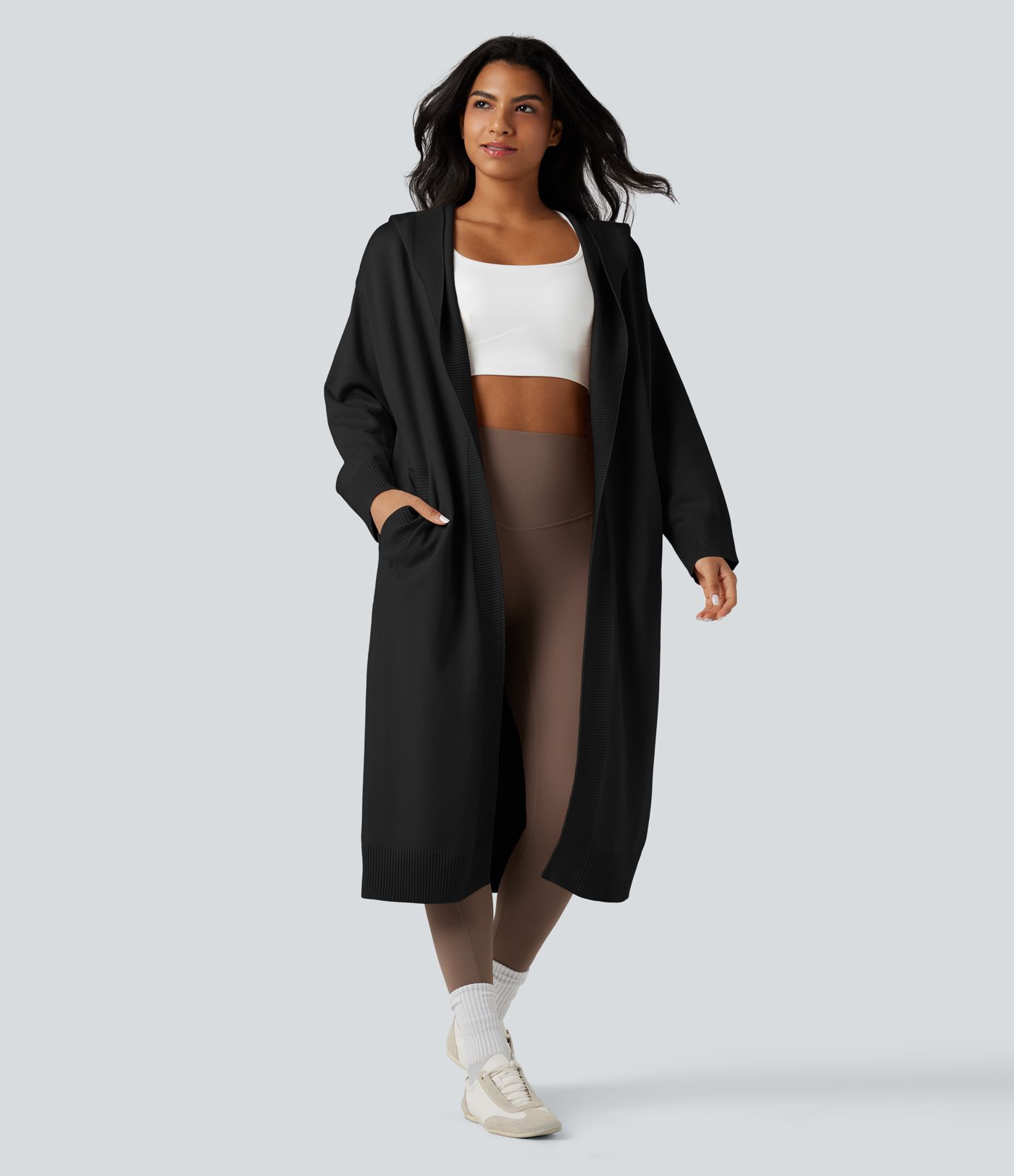 Cardigan long décontracté à capuche, manches longues, avec poches