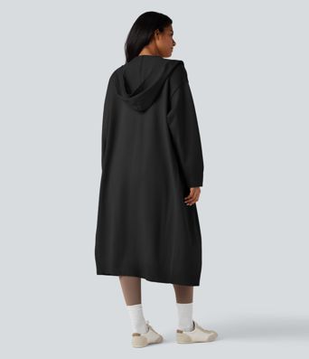 Cardigan long décontracté à capuche, manches longues, avec poches