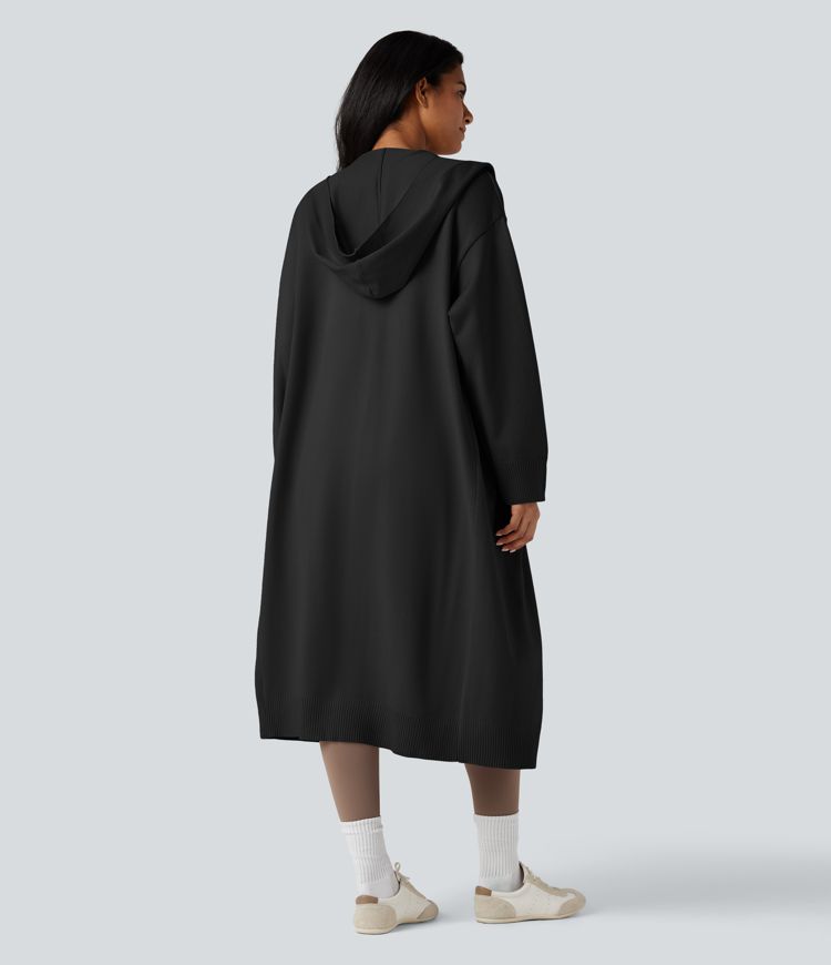 Cardigan long décontracté à capuche, manches longues, avec poches