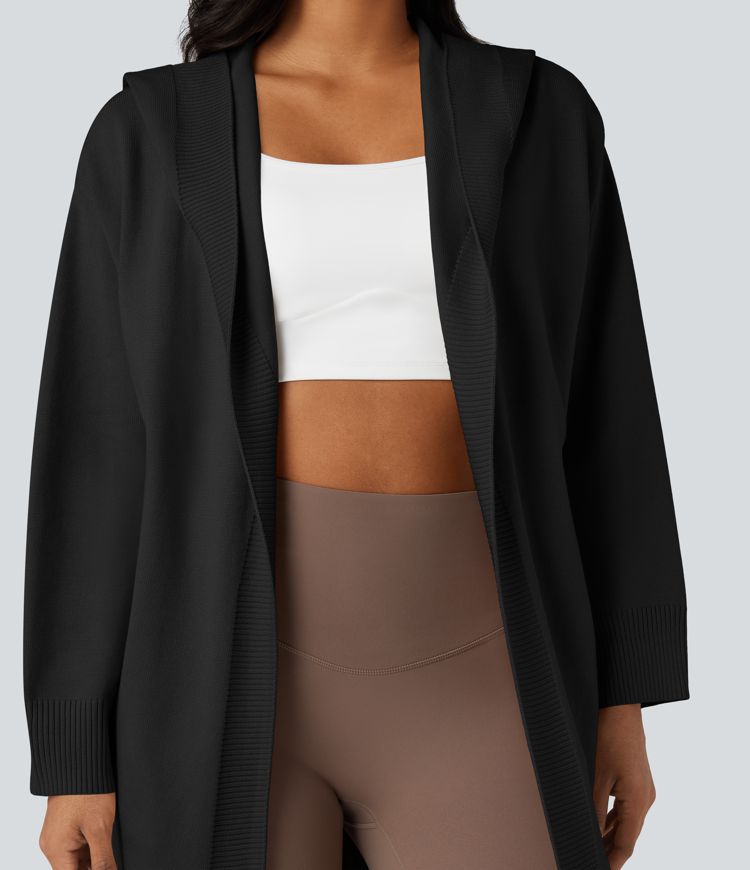 Cardigan long décontracté à capuche, manches longues, avec poches