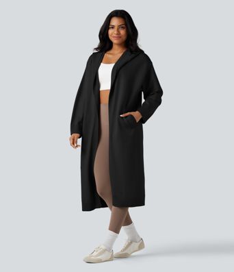 Cardigan long décontracté à capuche, manches longues, avec poches