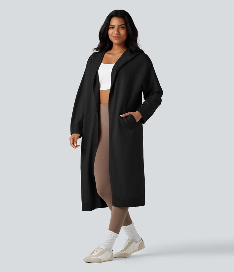 Cardigan long décontracté à capuche, manches longues, avec poches