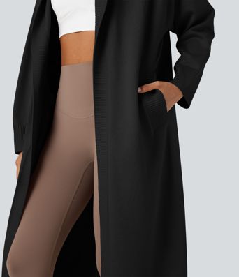 Cardigan long décontracté à capuche, manches longues, avec poches