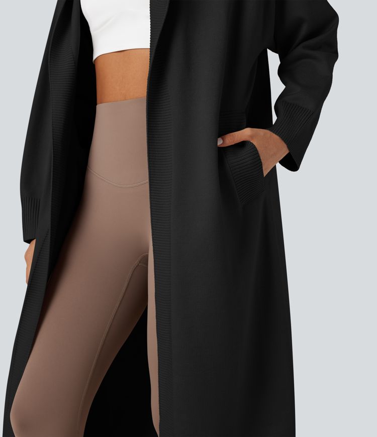 Cardigan long décontracté à capuche, manches longues, avec poches