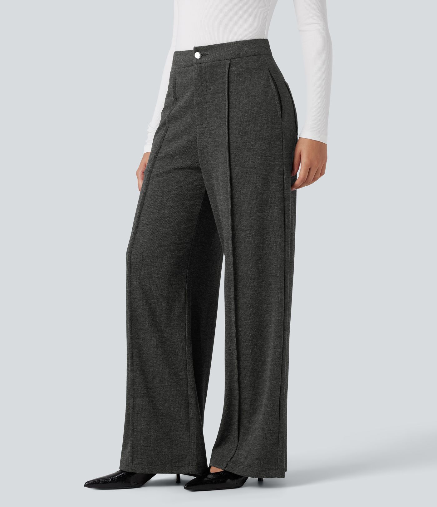 Mid Rise Heathered Straight Leg Work Trousers with Pockets