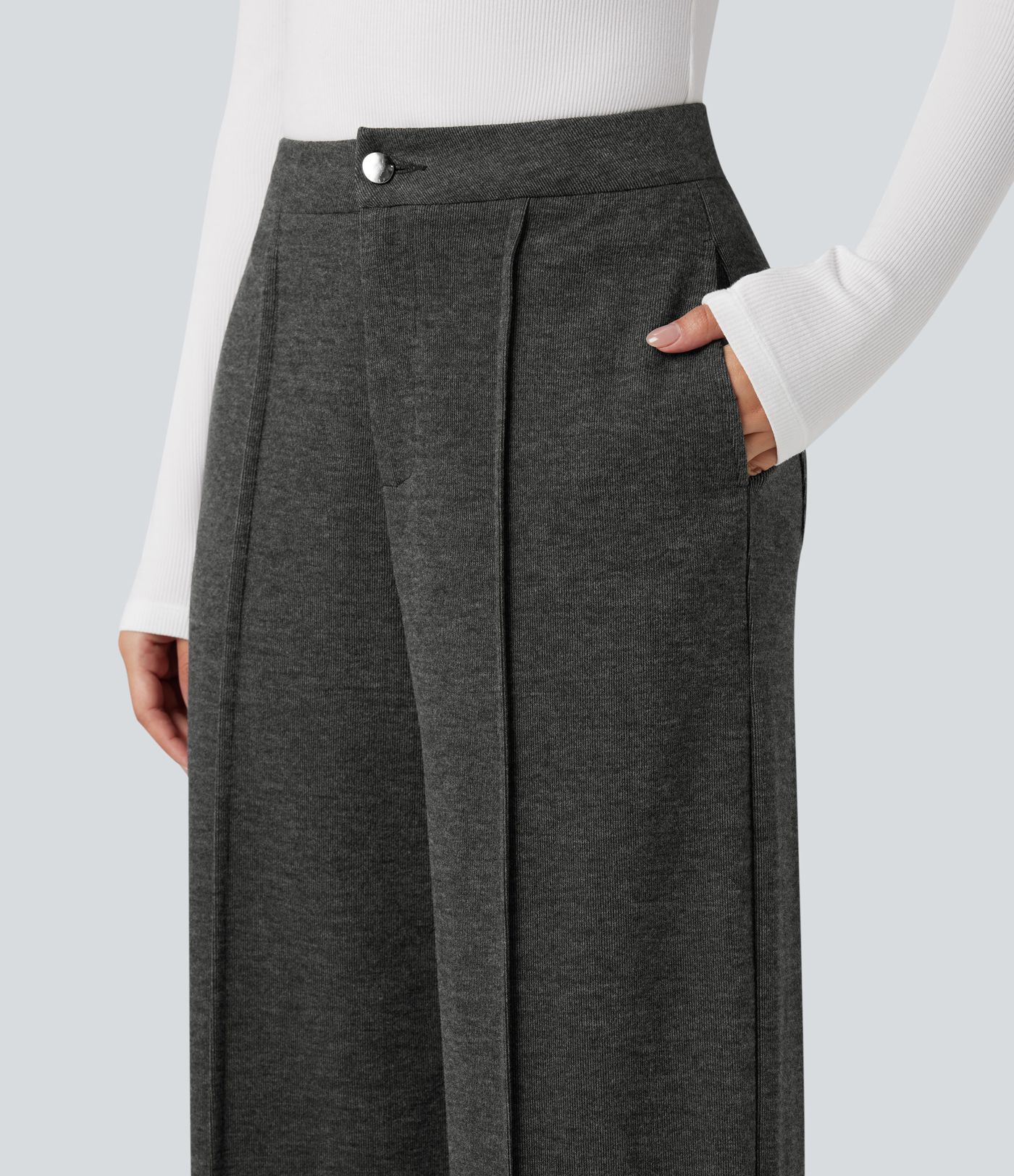 Mid Rise Heathered Straight Leg Work Trousers with Pockets