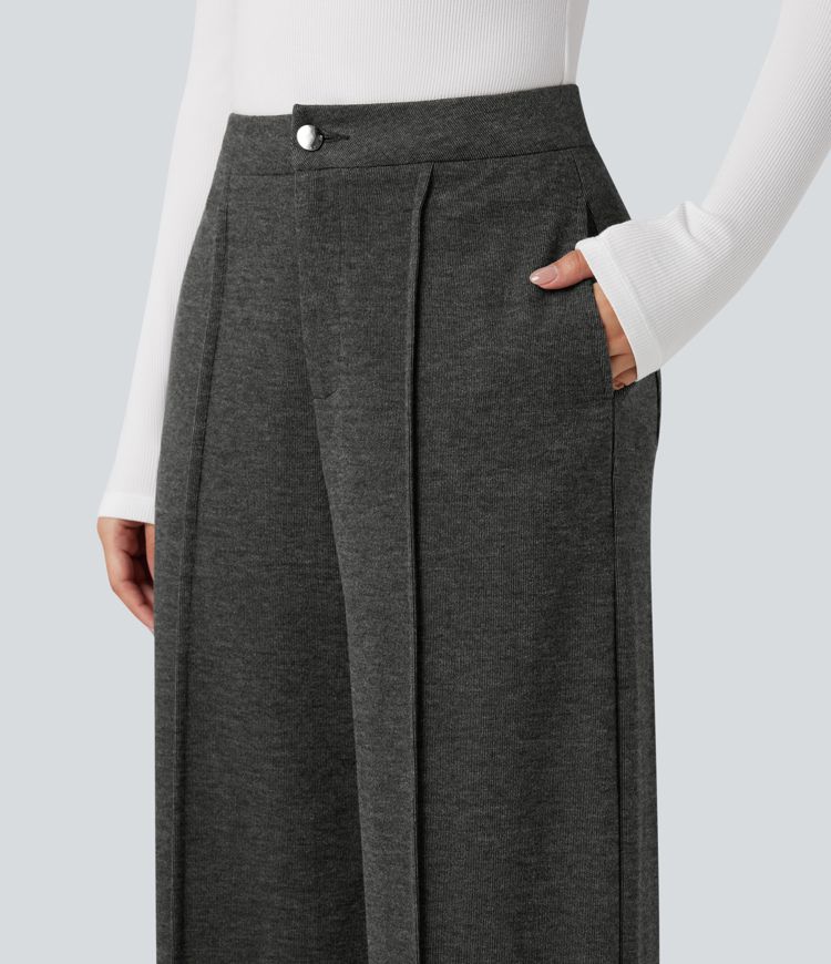 Mid Rise Heathered Straight Leg Work Trousers with Pockets