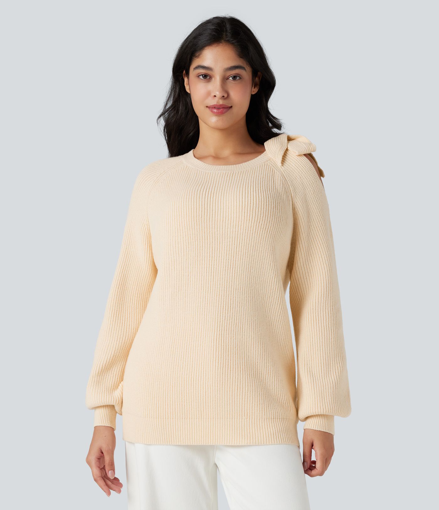 Lässiges Stricktop mit Rundausschnitt, Seitenbindung und langen Ärmeln​