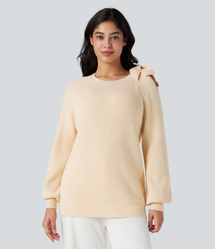 Lässiges Stricktop mit Rundausschnitt, Seitenbindung und langen Ärmeln​