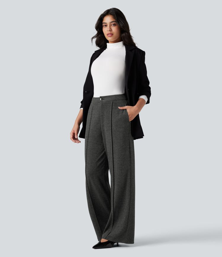 Mid Rise Heathered Straight Leg Work Trousers with Pockets