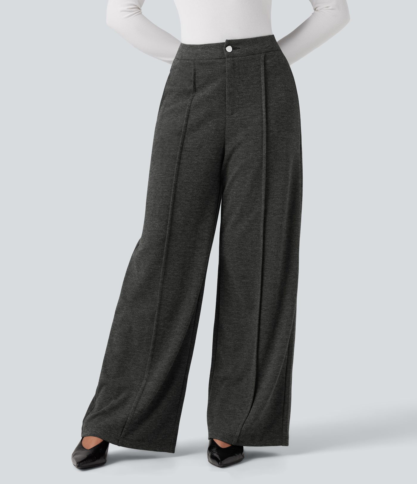 Mid Rise Heathered Straight Leg Work Trousers with Pockets