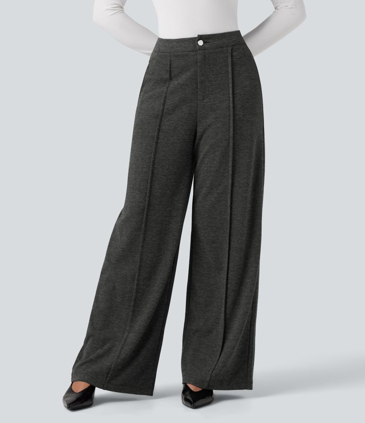 Mid Rise Heathered Straight Leg Work Trousers with Pockets