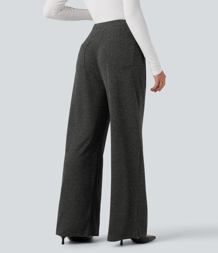 Mid Rise Heathered Straight Leg Work Trousers with Pockets