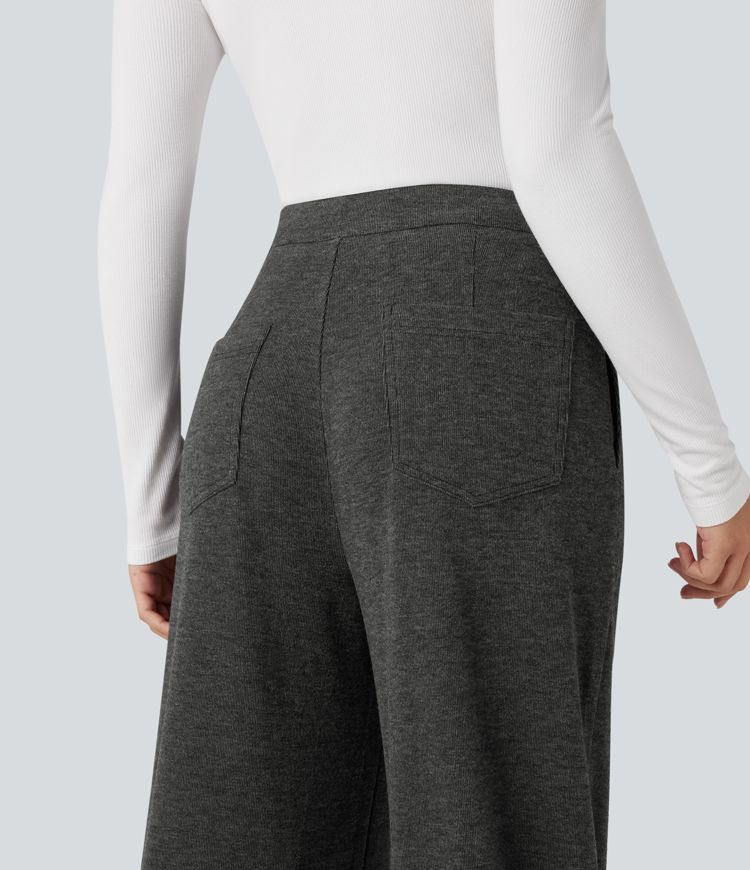 Mid Rise Heathered Straight Leg Work Trousers with Pockets