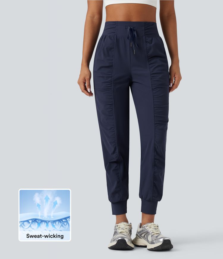 High Waisted Drawstring Ruched Tapered Quick Dry Dance Joggers with Pockets