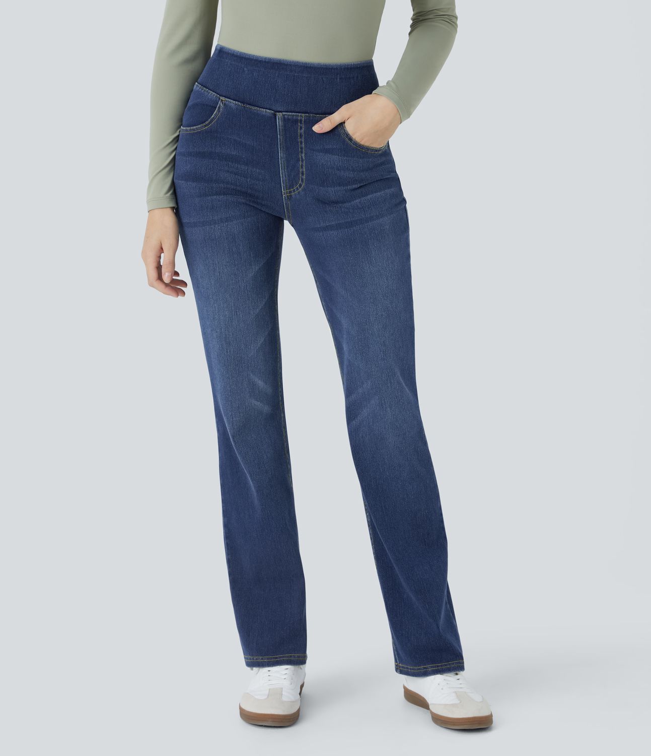 Halara Flex™ High Waist Hose mit Taschen, gewaschene lässige Bootcut-Jeans