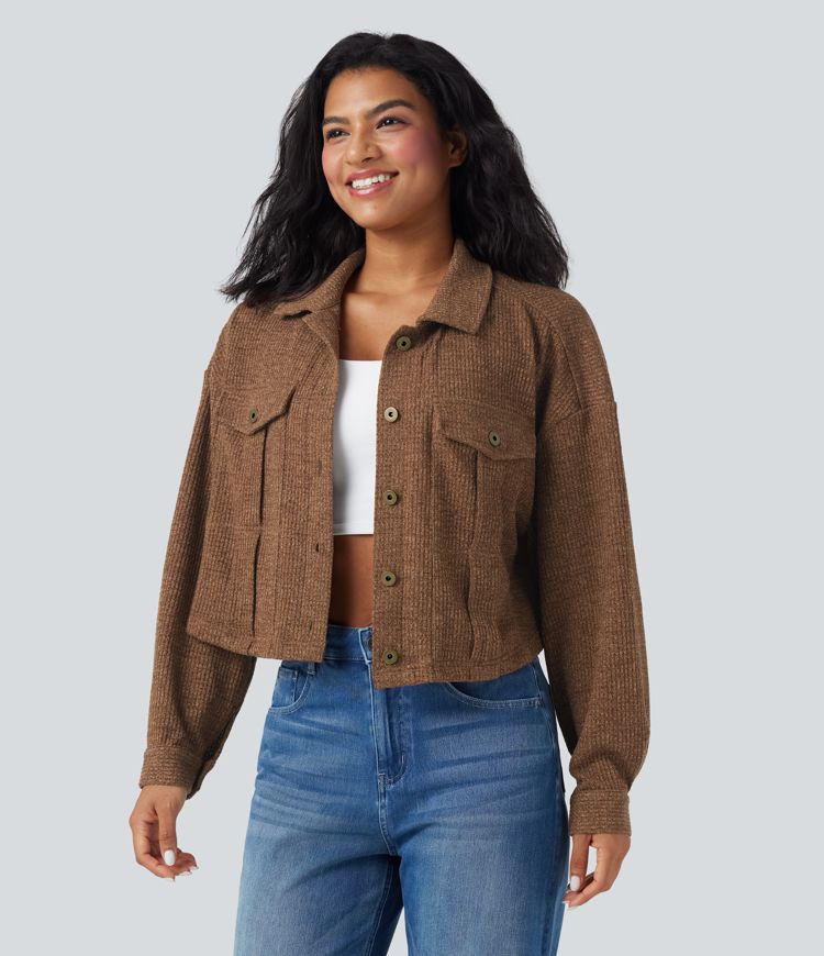 Long Sleeve Knit Waffle Casual Jacket with Pockets