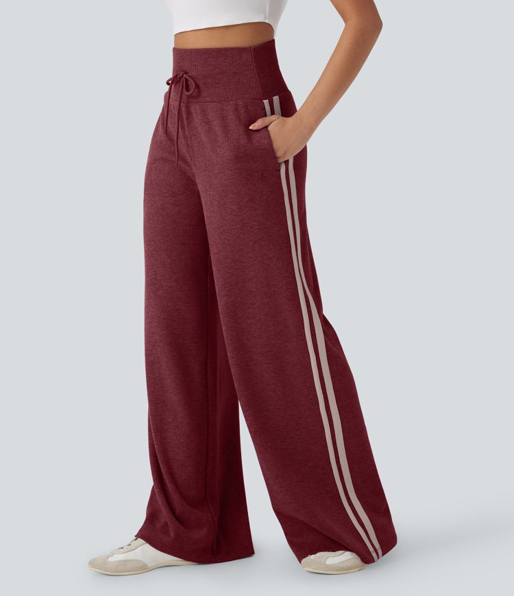 Pantalon casual côtelé SoCinched taille haute gainant large fluide color block avec cordon de serrage et poches latérales