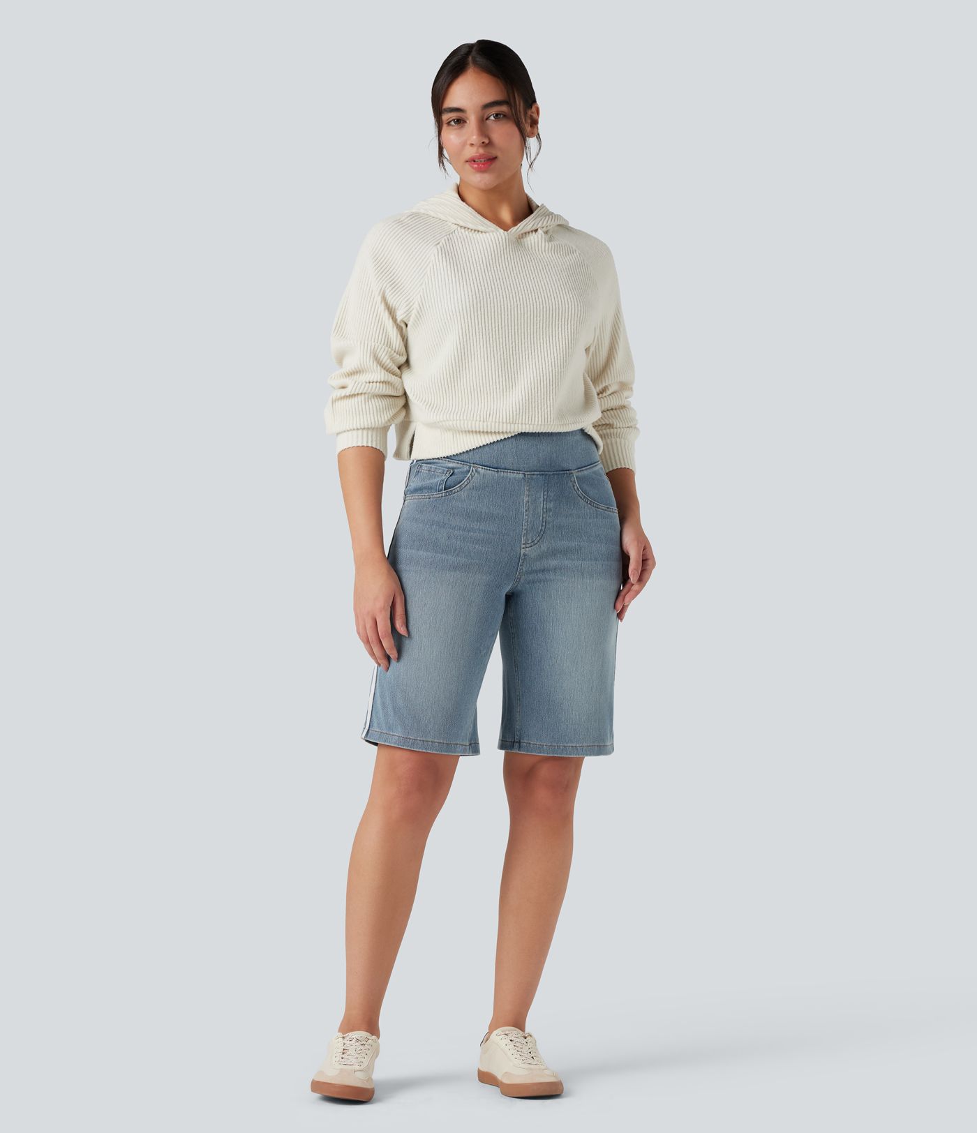 Halara Flex™ High Waisted Stripe Washed Denim Casual Baggy Shorts with Pockets