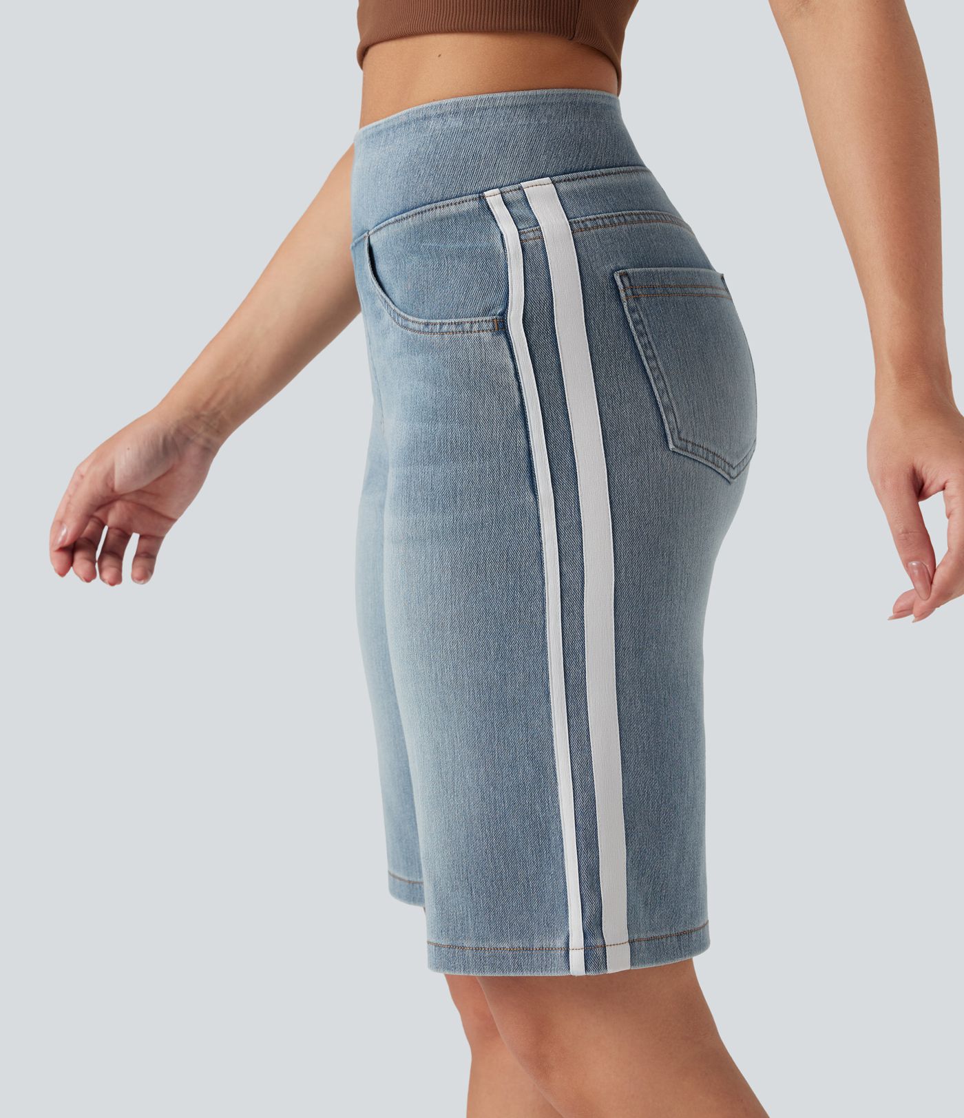 Halara Flex™ High Waisted Stripe Washed Denim Casual Baggy Shorts with Pockets