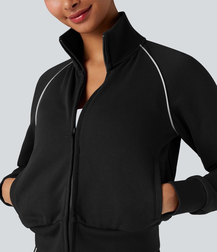 Sweat-shirt coton color block col montant manches longues avec poches