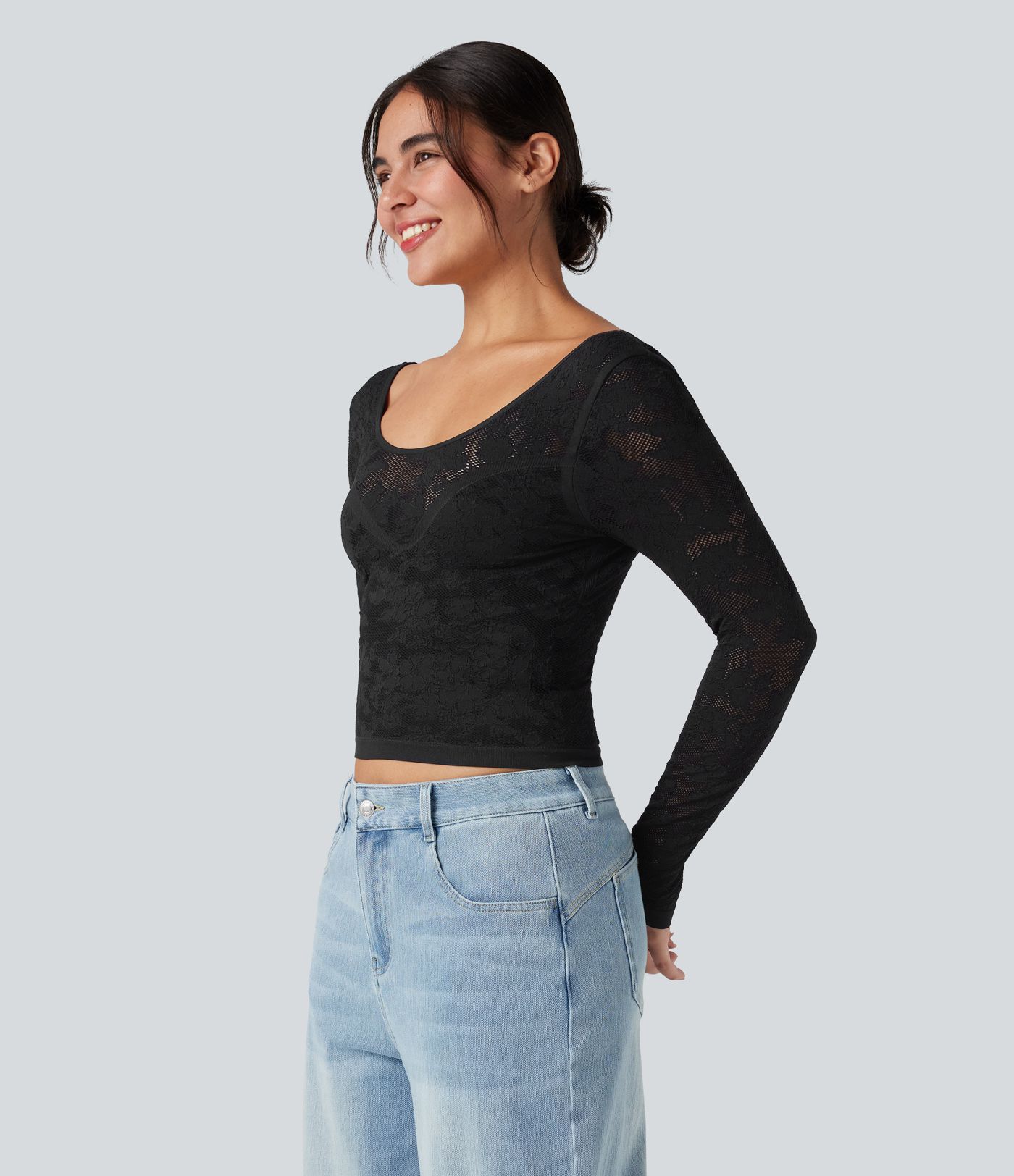 Haut de sport décontracté en jacquard sans couture, col en U, dos nu et manches longues