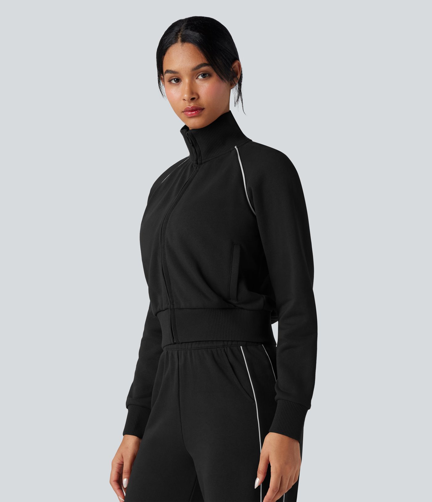 Sweat-shirt coton color block col montant manches longues avec poches