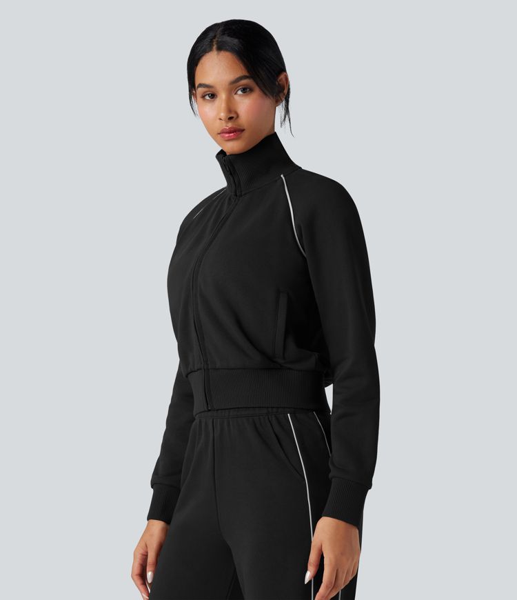 Sweat-shirt coton color block col montant manches longues avec poches